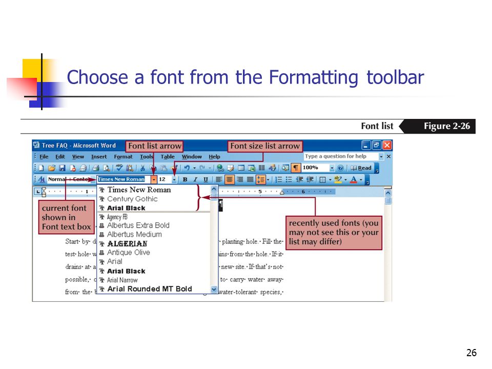 26 Choose a font from the Formatting toolbar