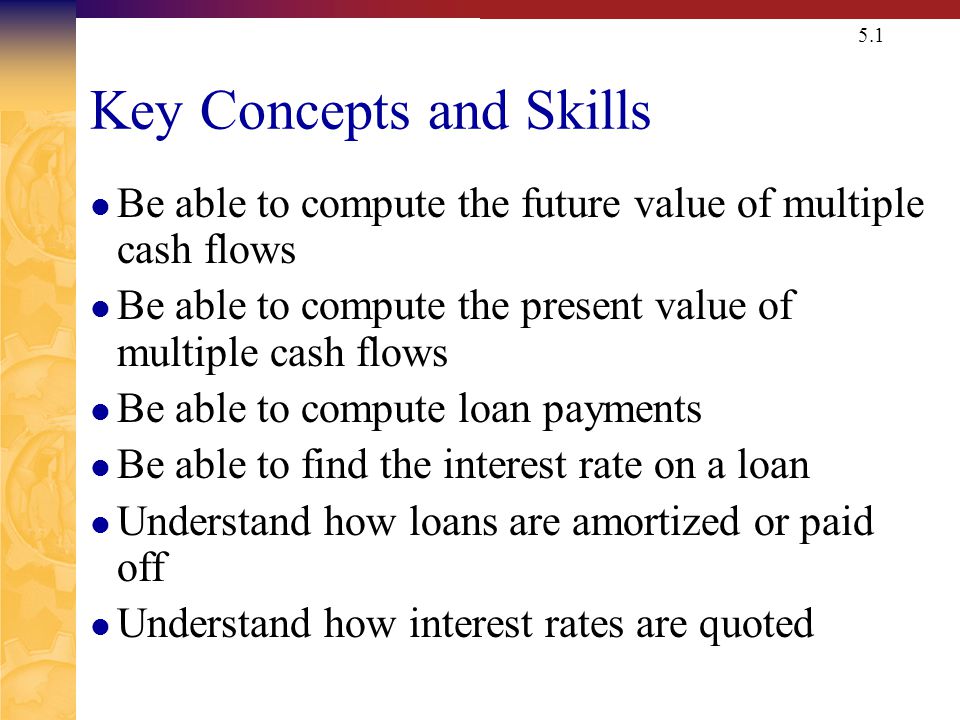 5.1 Key Concepts and Skills Be able to compute the future value of multiple cash flows Be able to compute the present value of multiple cash flows Be able to compute loan payments Be able to find the interest rate on a loan Understand how loans are amortized or paid off Understand how interest rates are quoted
