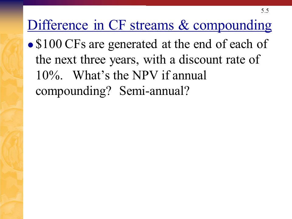 5.5 Difference in CF streams & compounding $100 CFs are generated at the end of each of the next three years, with a discount rate of 10%.