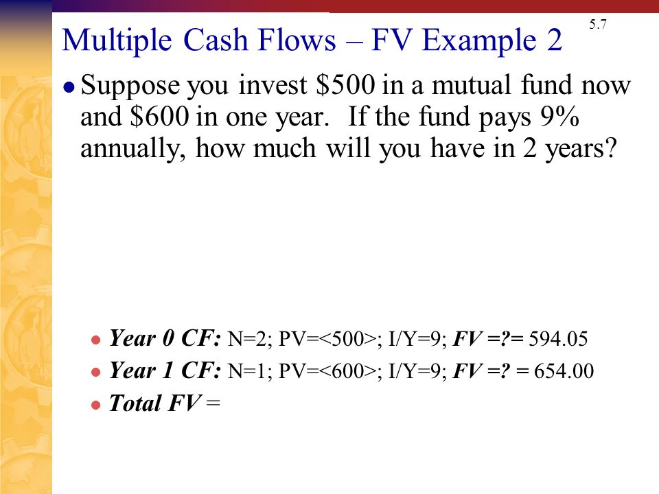 5.7 Multiple Cash Flows – FV Example 2 Suppose you invest $500 in a mutual fund now and $600 in one year.