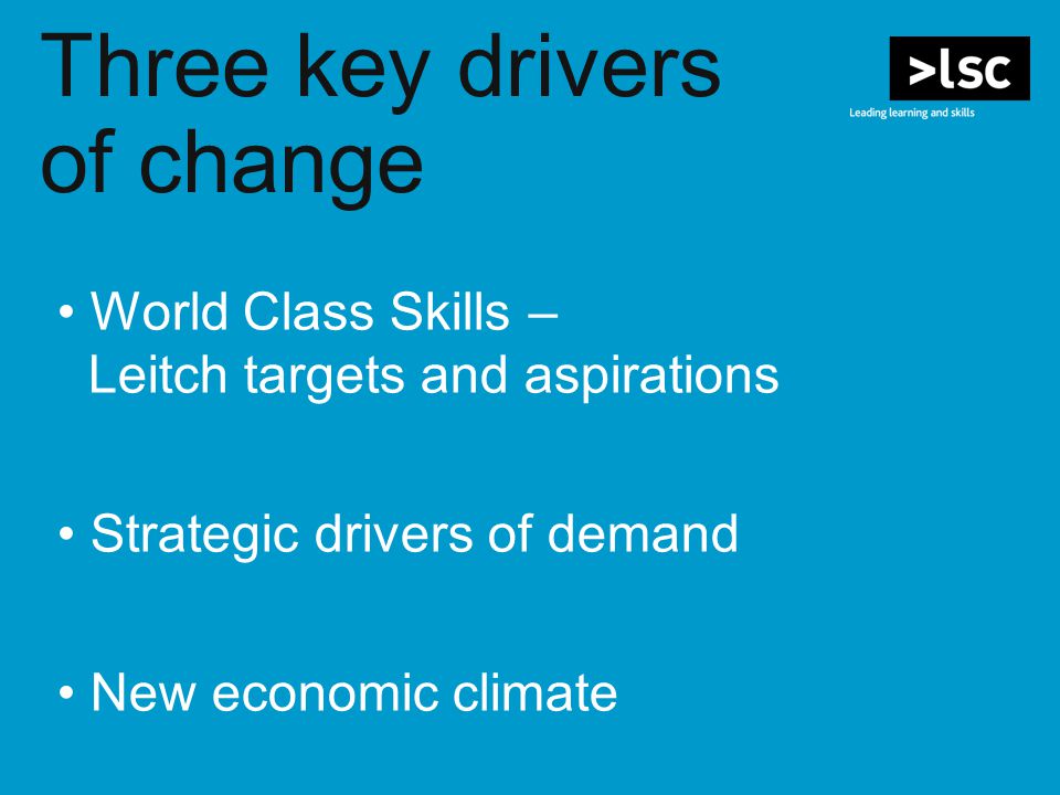 World Class Skills – Leitch targets and aspirations Strategic drivers of demand New economic climate Three key drivers of change