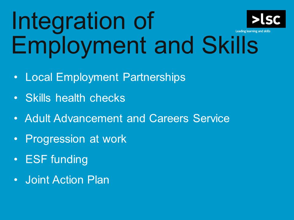 Integration of Employment and Skills Local Employment Partnerships Skills health checks Adult Advancement and Careers Service Progression at work ESF funding Joint Action Plan
