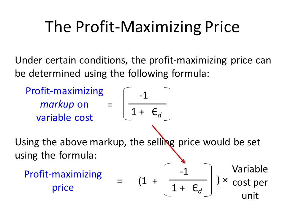 The Profit-Maximizing Price Profit-maximizing markup on variable cost 1 +ЄdЄd = Under certain conditions, the profit-maximizing price can be determined using the following formula: Using the above markup, the selling price would be set using the formula: Profit-maximizing price 1 +ЄdЄd Variable cost per unit =(1 + ) ×
