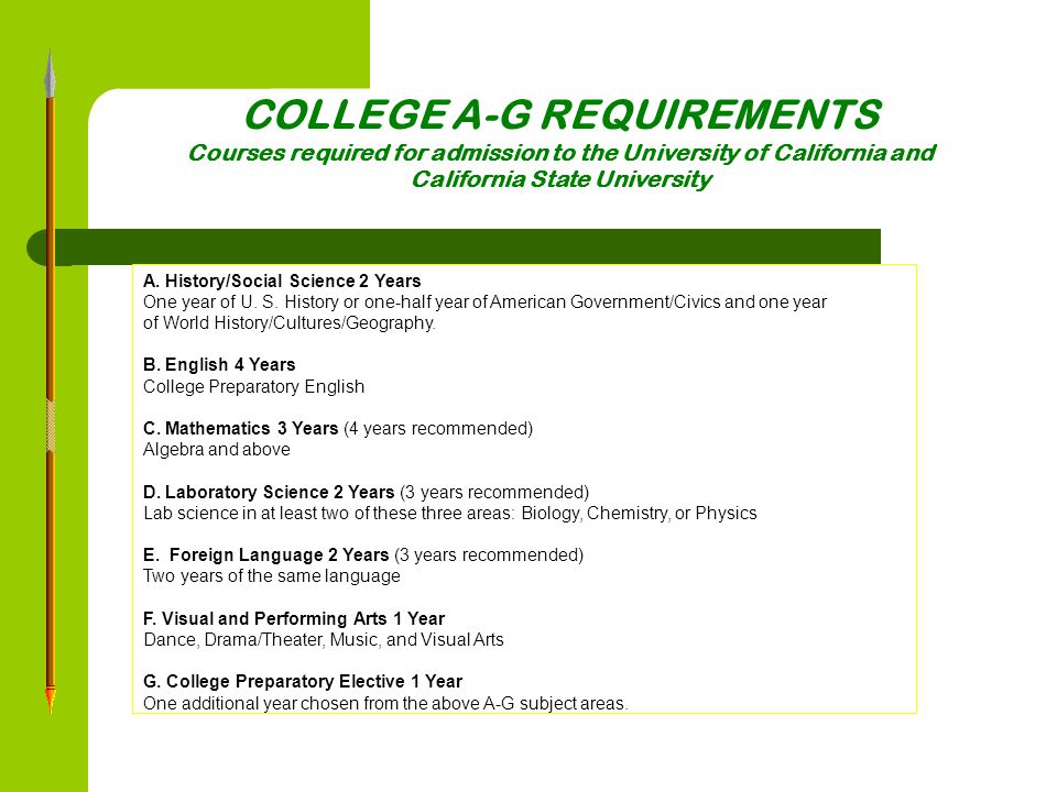 THE A-G COLLEGE ENTRANCE REQUIREMENTS The A-G / College Entrance Requirements are high school classes that students must complete (with a grade of C or better) to be eligible for admission to the University of California (UC) and California State University (CSU).