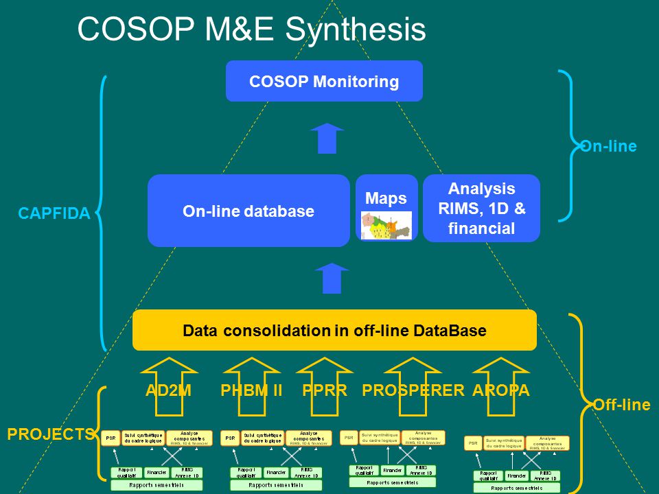 AD2MPHBM IIPPRRPROSPERERAROPA COSOP Monitoring On-line database Data consolidation in off-line DataBase Maps Analysis RIMS, 1D & financial PROJECTS CAPFIDA On-line Off-line COSOP M&E Synthesis