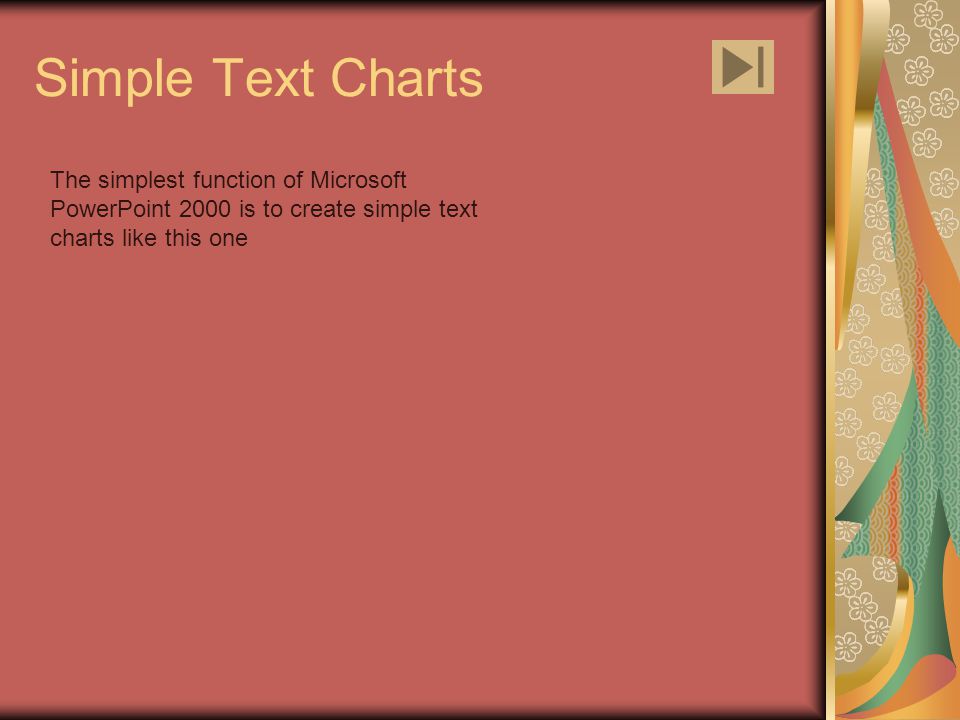 Simple Text Charts The simplest function of Microsoft PowerPoint 2000 is to create simple text charts like this one