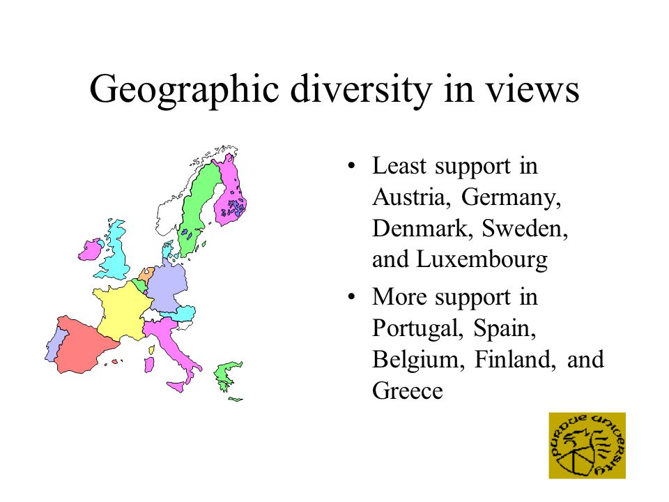 Geographic diversity in views Least support in Austria, Germany, Denmark, Sweden, and Luxembourg More support in Portugal, Spain, Belgium, Finland, and Greece