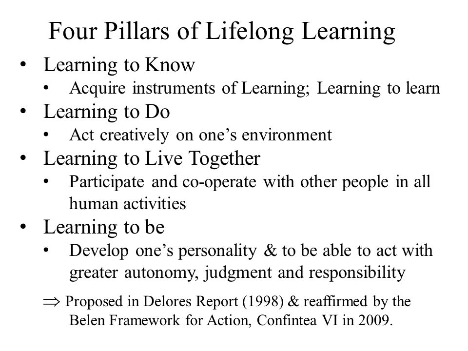 Four Pillars of Lifelong Learning Learning to Know Acquire instruments of Learning; Learning to learn Learning to Do Act creatively on one’s environment Learning to Live Together Participate and co-operate with other people in all human activities Learning to be Develop one’s personality & to be able to act with greater autonomy, judgment and responsibility  Proposed in Delores Report (1998) & reaffirmed by the Belen Framework for Action, Confintea VI in 2009.