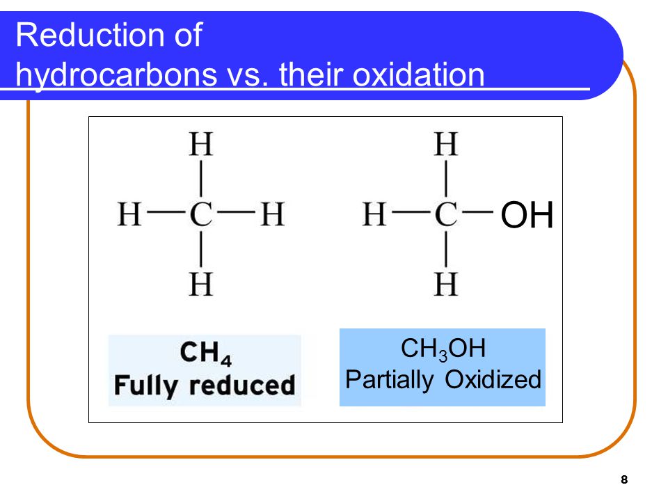 8 Reduction of hydrocarbons vs. their oxidation OH CH 3 OH Partially Oxidized