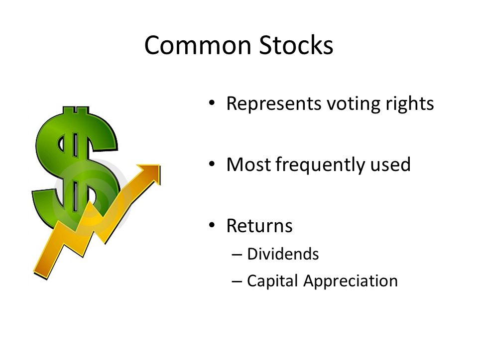 Common Stocks Represents voting rights Most frequently used Returns – Dividends – Capital Appreciation
