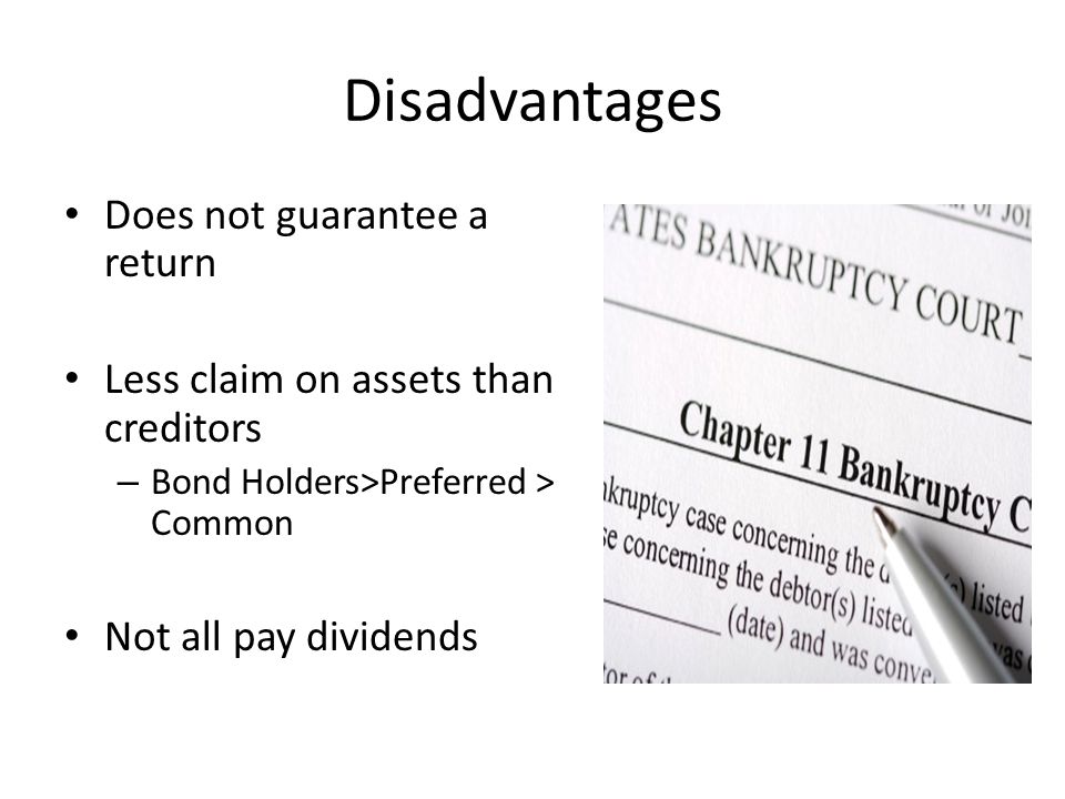Disadvantages Does not guarantee a return Less claim on assets than creditors – Bond Holders>Preferred > Common Not all pay dividends