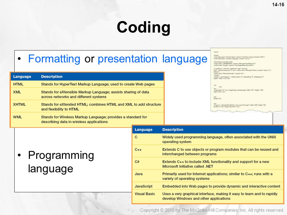 Formatting or presentation language Programming language Coding Copyright © 2010 by The McGraw-Hill Companies, Inc.