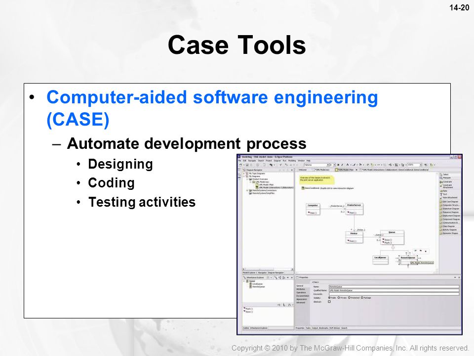 Computer-aided software engineering (CASE) –Automate development process Designing Coding Testing activities Case Tools Copyright © 2010 by The McGraw-Hill Companies, Inc.