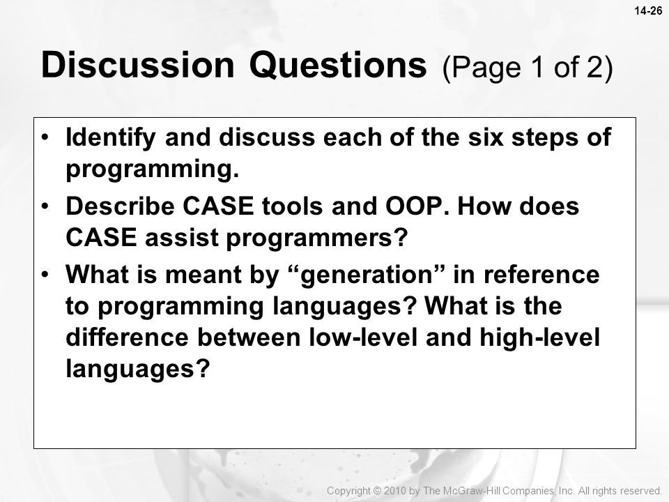 Identify and discuss each of the six steps of programming.