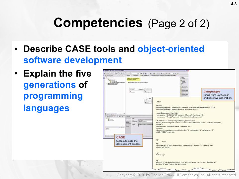 Describe CASE tools and object-oriented software development Explain the five generations of programming languages Competencies (Page 2 of 2) Copyright © 2010 by The McGraw-Hill Companies, Inc.