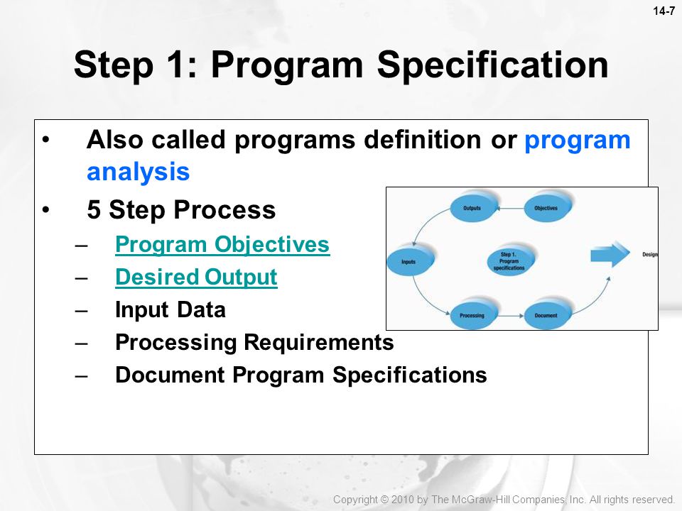 14-7 Step 1: Program Specification Also called programs definition or program analysis 5 Step Process –Program ObjectivesProgram Objectives –Desired OutputDesired Output –Input Data –Processing Requirements –Document Program Specifications Copyright © 2010 by The McGraw-Hill Companies, Inc.