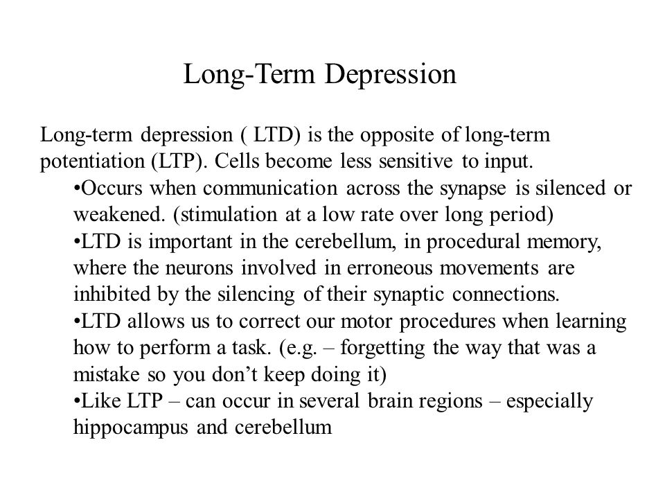 Long-term depression ( LTD) is the opposite of long-term potentiation (LTP).