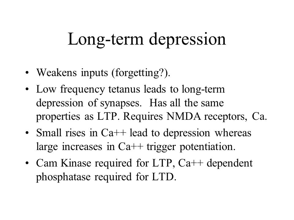 Long-term depression Weakens inputs (forgetting ).