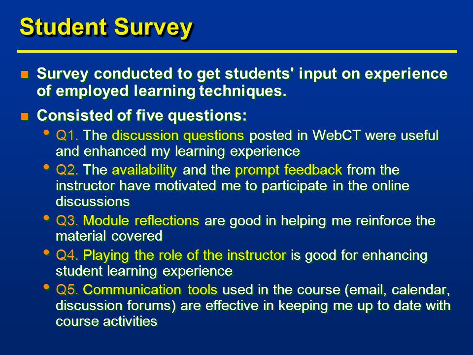 Student Survey n Survey conducted to get students input on experience of employed learning techniques.