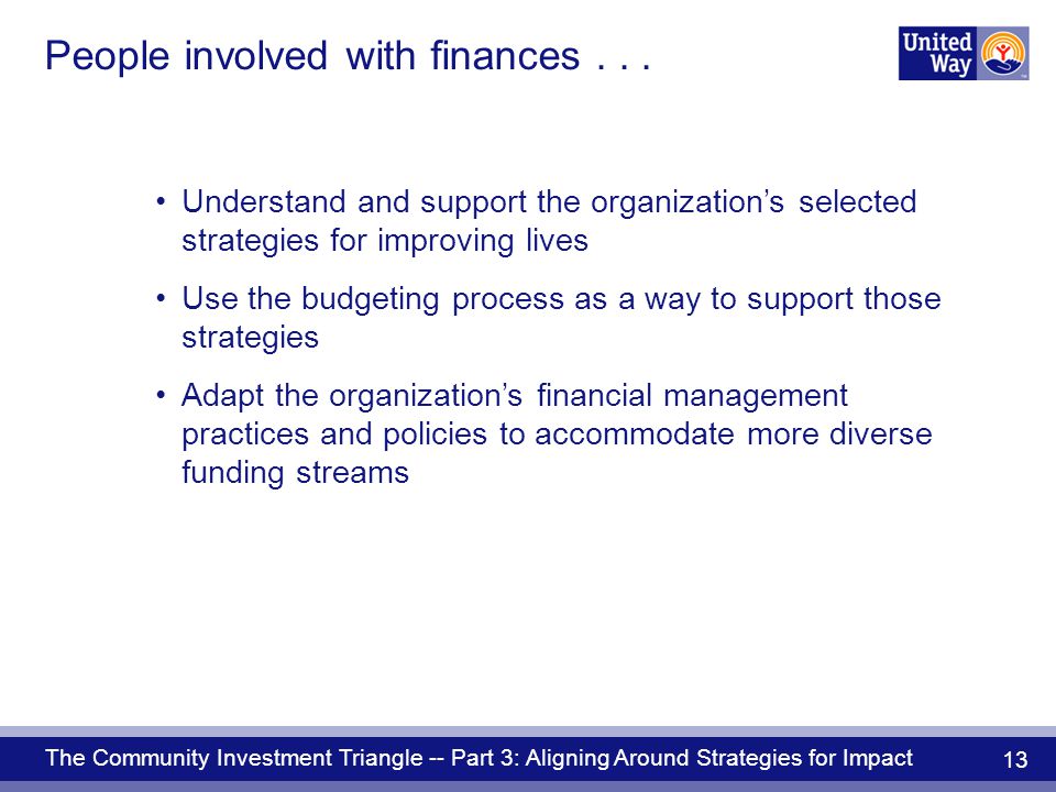 The Community Investment Triangle -- Part 3: Aligning Around Strategies for Impact 13 People involved with finances...