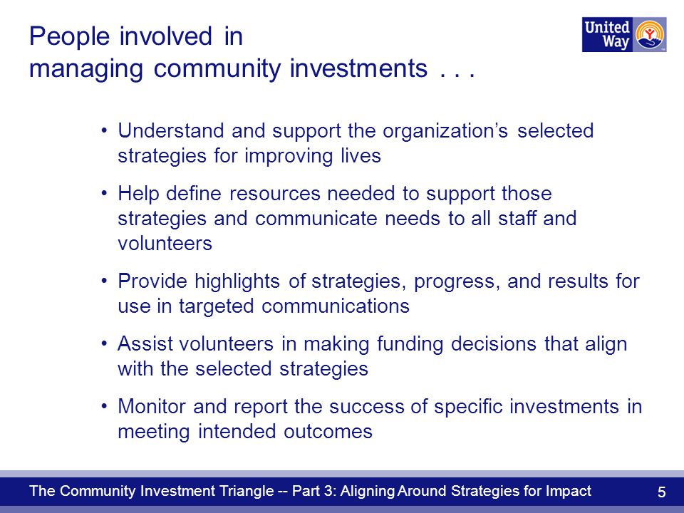 The Community Investment Triangle -- Part 3: Aligning Around Strategies for Impact 5 Understand and support the organization’s selected strategies for improving lives Help define resources needed to support those strategies and communicate needs to all staff and volunteers Provide highlights of strategies, progress, and results for use in targeted communications Assist volunteers in making funding decisions that align with the selected strategies Monitor and report the success of specific investments in meeting intended outcomes People involved in managing community investments...