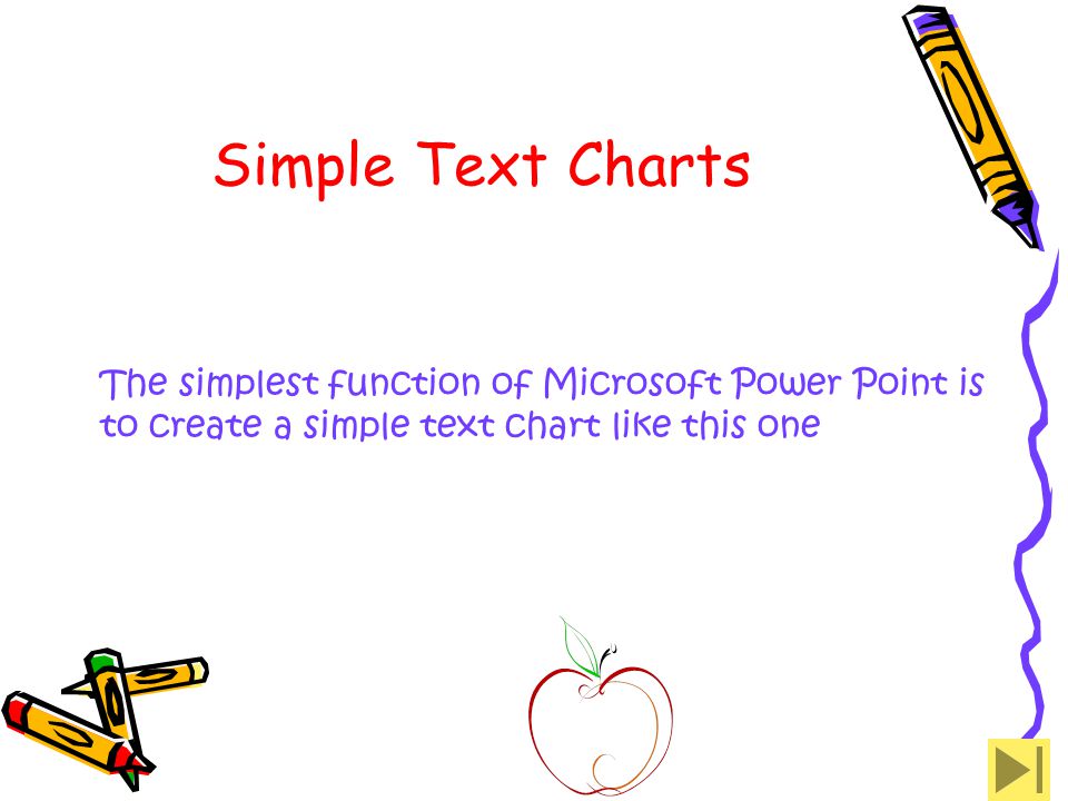 Simple Text Charts The simplest function of Microsoft Power Point is to create a simple text chart like this one