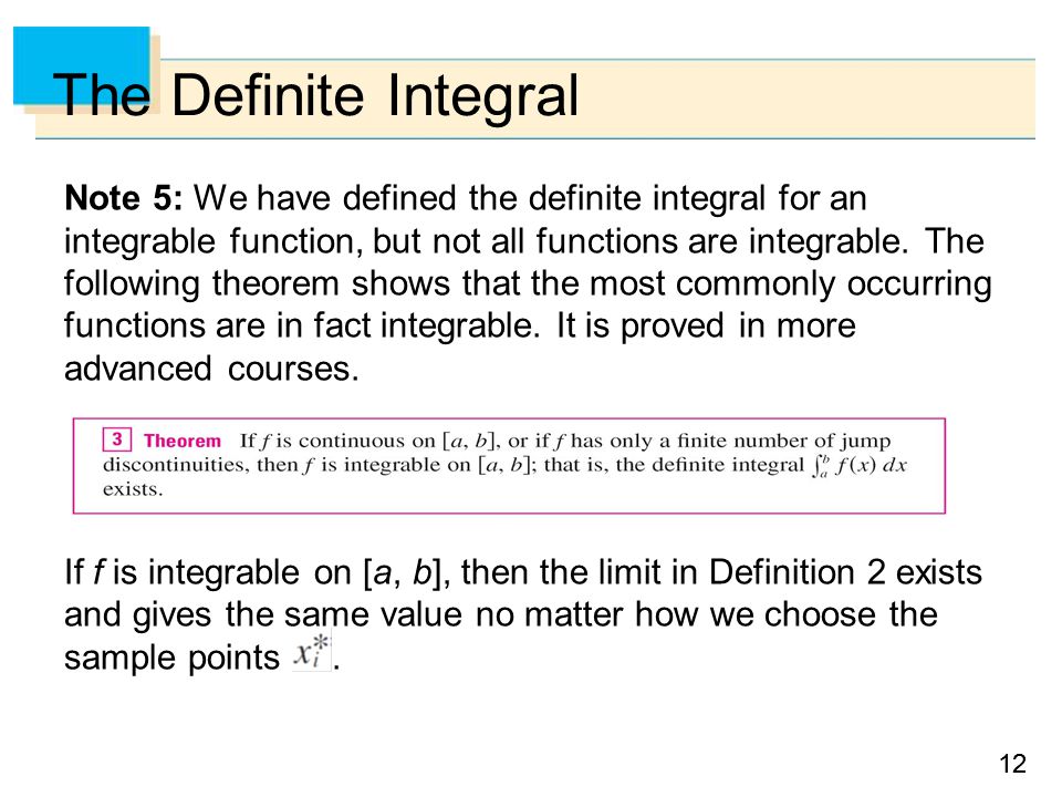 12 The Definite Integral Note 5: We have defined the definite integral for an integrable function, but not all functions are integrable.