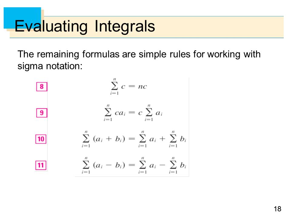 18 Evaluating Integrals The remaining formulas are simple rules for working with sigma notation: