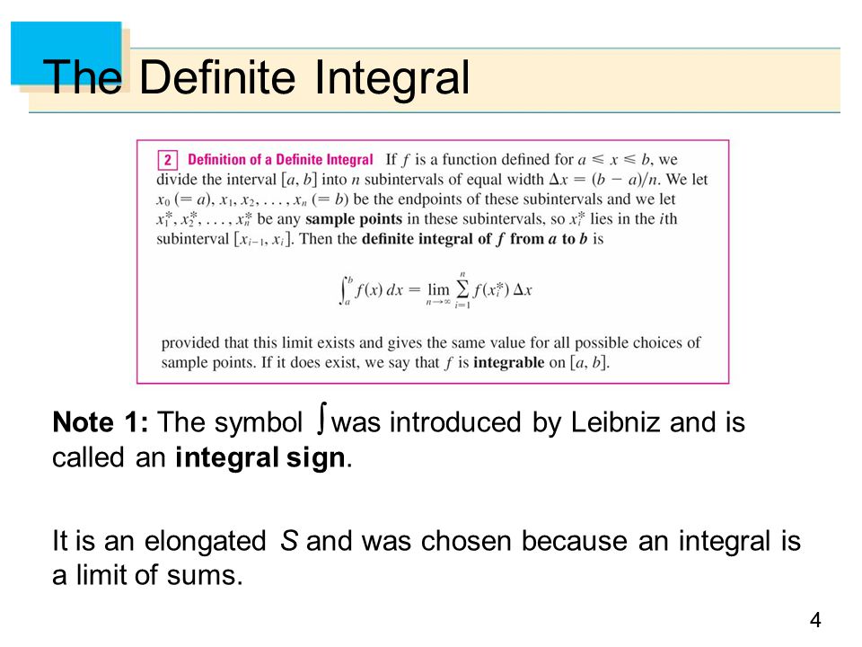 44 The Definite Integral Note 1: The symbol  was introduced by Leibniz and is called an integral sign.