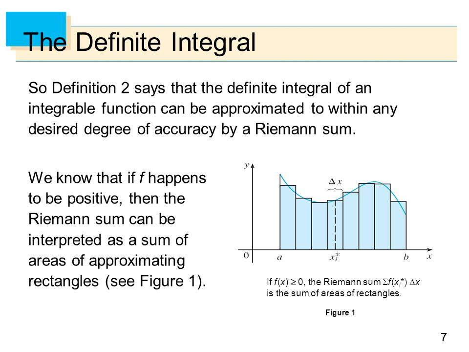 77 The Definite Integral So Definition 2 says that the definite integral of an integrable function can be approximated to within any desired degree of accuracy by a Riemann sum.