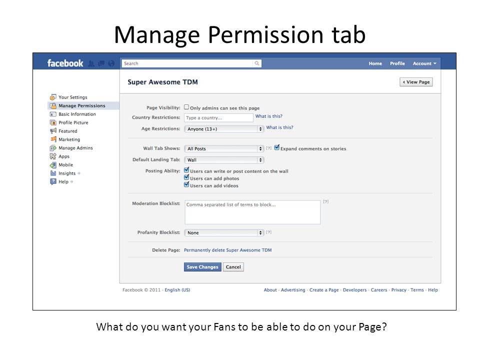Manage Permission tab What do you want your Fans to be able to do on your Page