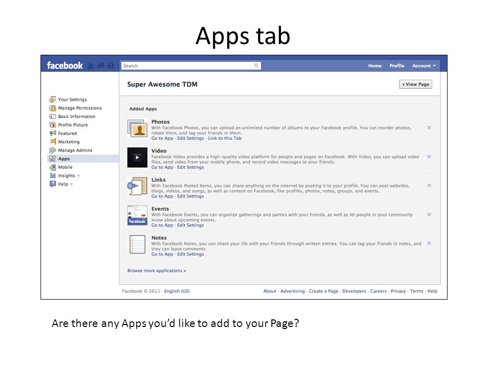 Apps tab Are there any Apps you’d like to add to your Page