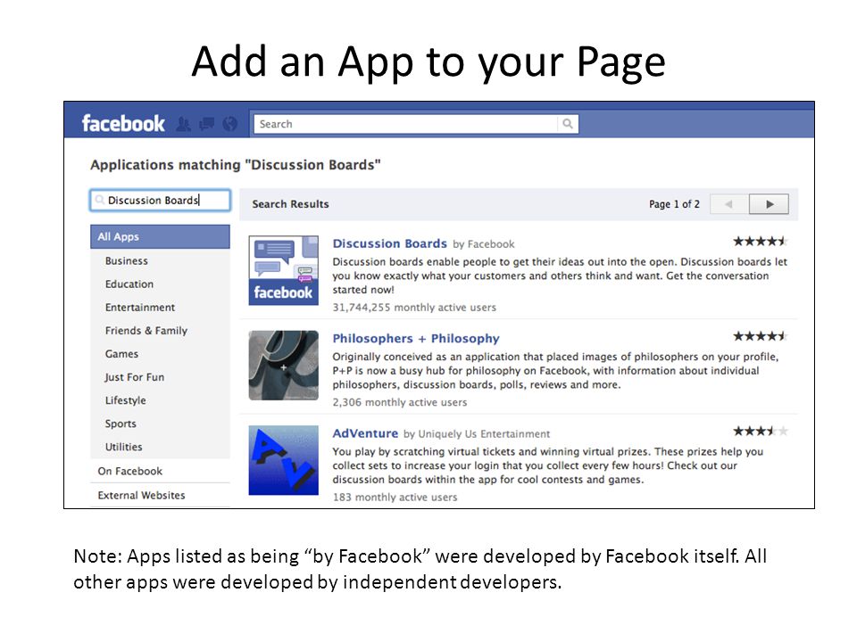 Note: Apps listed as being by Facebook were developed by Facebook itself.