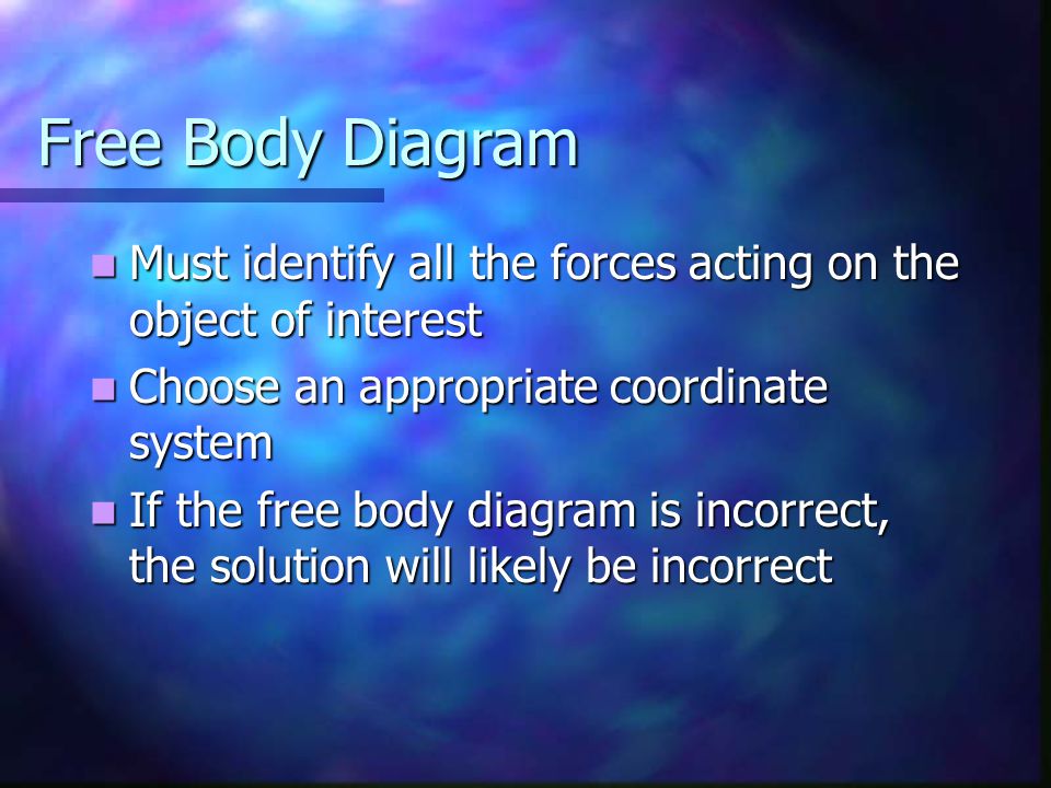 Free Body Diagram Must identify all the forces acting on the object of interest Must identify all the forces acting on the object of interest Choose an appropriate coordinate system Choose an appropriate coordinate system If the free body diagram is incorrect, the solution will likely be incorrect If the free body diagram is incorrect, the solution will likely be incorrect