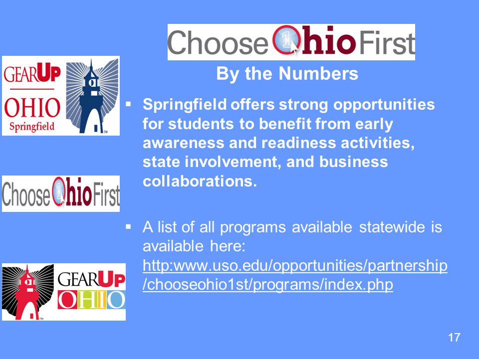 17 By the Numbers  Springfield offers strong opportunities for students to benefit from early awareness and readiness activities, state involvement, and business collaborations.