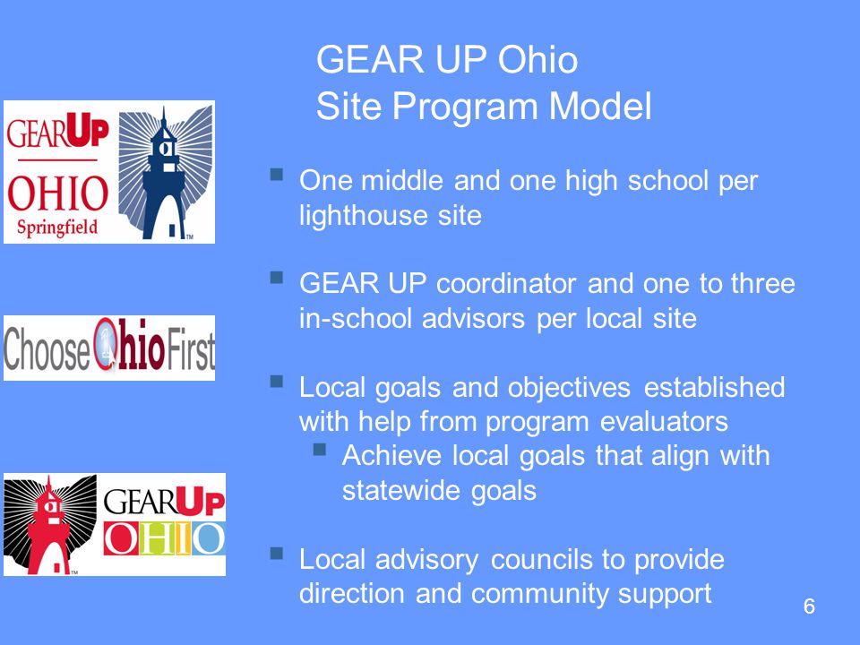 6 GEAR UP Ohio Site Program Model  One middle and one high school per lighthouse site  GEAR UP coordinator and one to three in-school advisors per local site  Local goals and objectives established with help from program evaluators  Achieve local goals that align with statewide goals  Local advisory councils to provide direction and community support