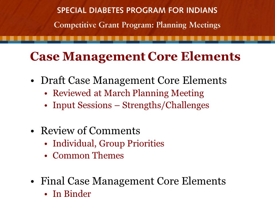 Case Management Core Elements Draft Case Management Core Elements Reviewed at March Planning Meeting Input Sessions – Strengths/Challenges Review of Comments Individual, Group Priorities Common Themes Final Case Management Core Elements In Binder