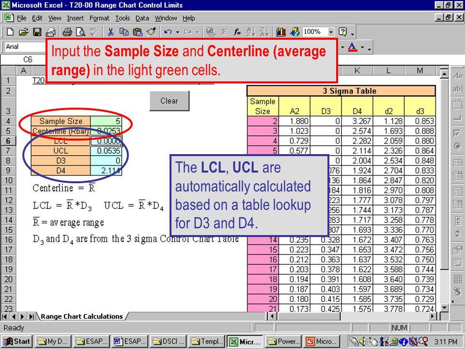 T Input the Sample Size and Centerline (average range) in the light green cells.