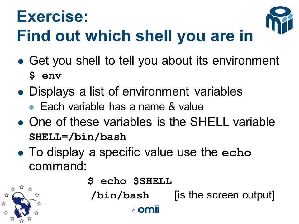 © Exercise: Find out which shell you are in Get you shell to tell you about its environment $ env Displays a list of environment variables Each variable has a name & value One of these variables is the SHELL variable SHELL=/bin/bash To display a specific value use the echo command: $ echo $SHELL /bin/bash [is the screen output]