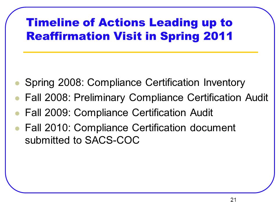 21 Timeline of Actions Leading up to Reaffirmation Visit in Spring 2011 Spring 2008: Compliance Certification Inventory Fall 2008: Preliminary Compliance Certification Audit Fall 2009: Compliance Certification Audit Fall 2010: Compliance Certification document submitted to SACS-COC