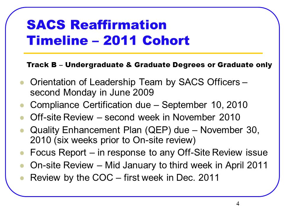 4 SACS Reaffirmation Timeline – 2011 Cohort Orientation of Leadership Team by SACS Officers – second Monday in June 2009 Compliance Certification due – September 10, 2010 Off-site Review – second week in November 2010 Quality Enhancement Plan (QEP) due – November 30, 2010 (six weeks prior to On-site review) Focus Report – in response to any Off-Site Review issue On-site Review – Mid January to third week in April 2011 Review by the COC – first week in Dec.