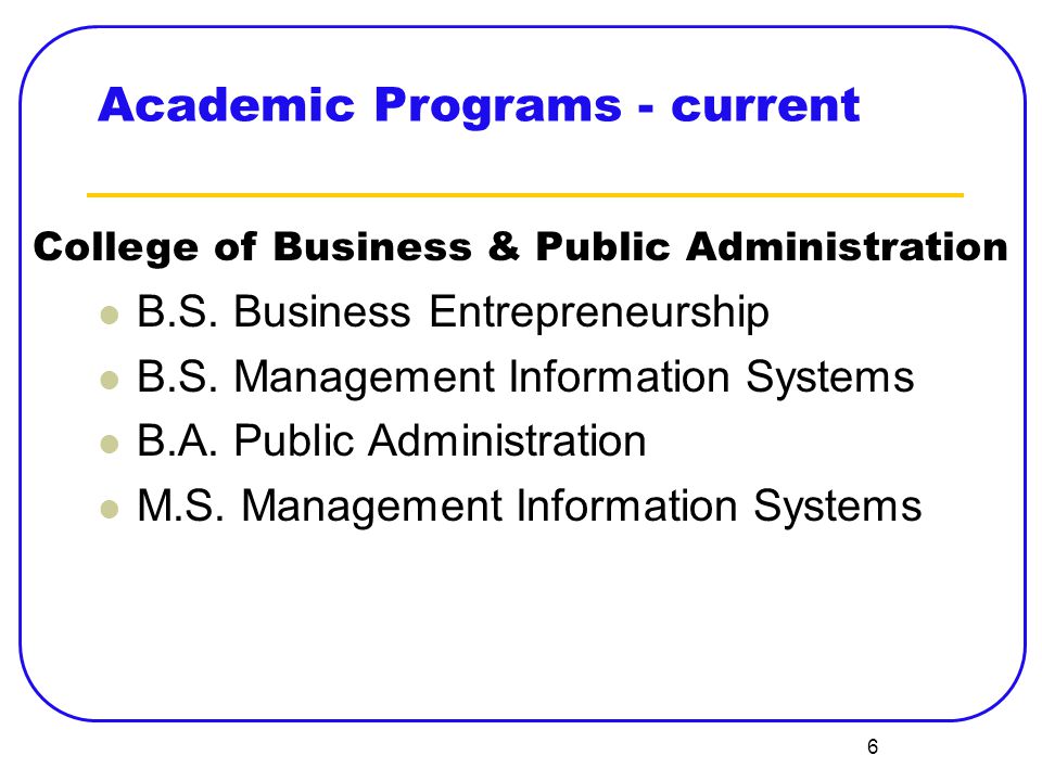 6 Academic Programs - current B.S. Business Entrepreneurship B.S.
