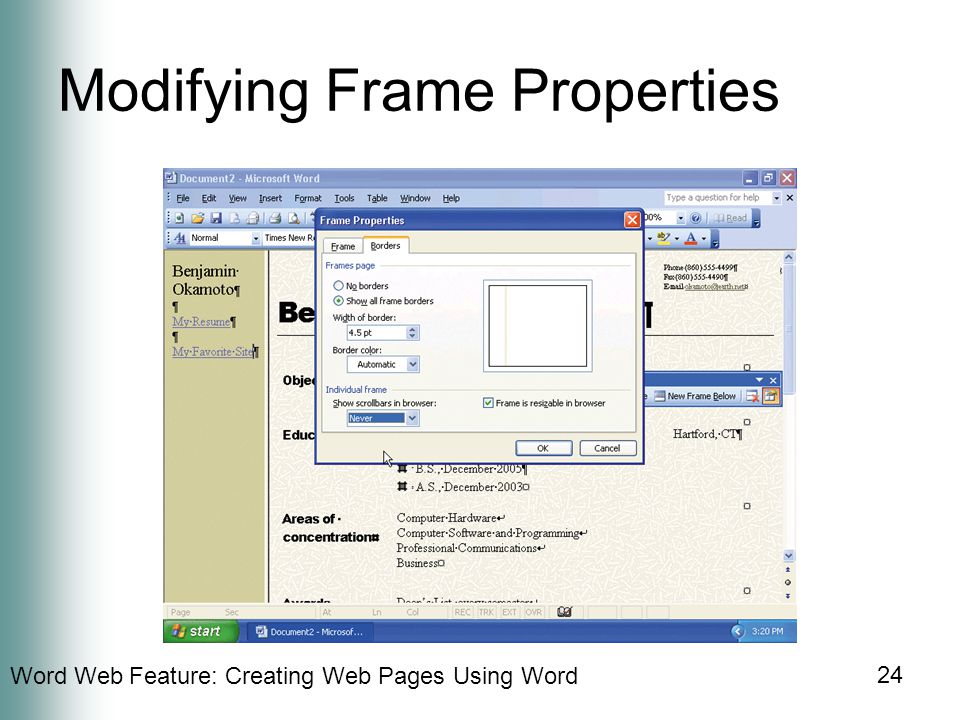 Word Web Feature: Creating Web Pages Using Word 24 Modifying Frame Properties