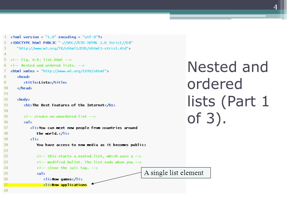 Nested and ordered lists (Part 1 of 3). A single list element 4
