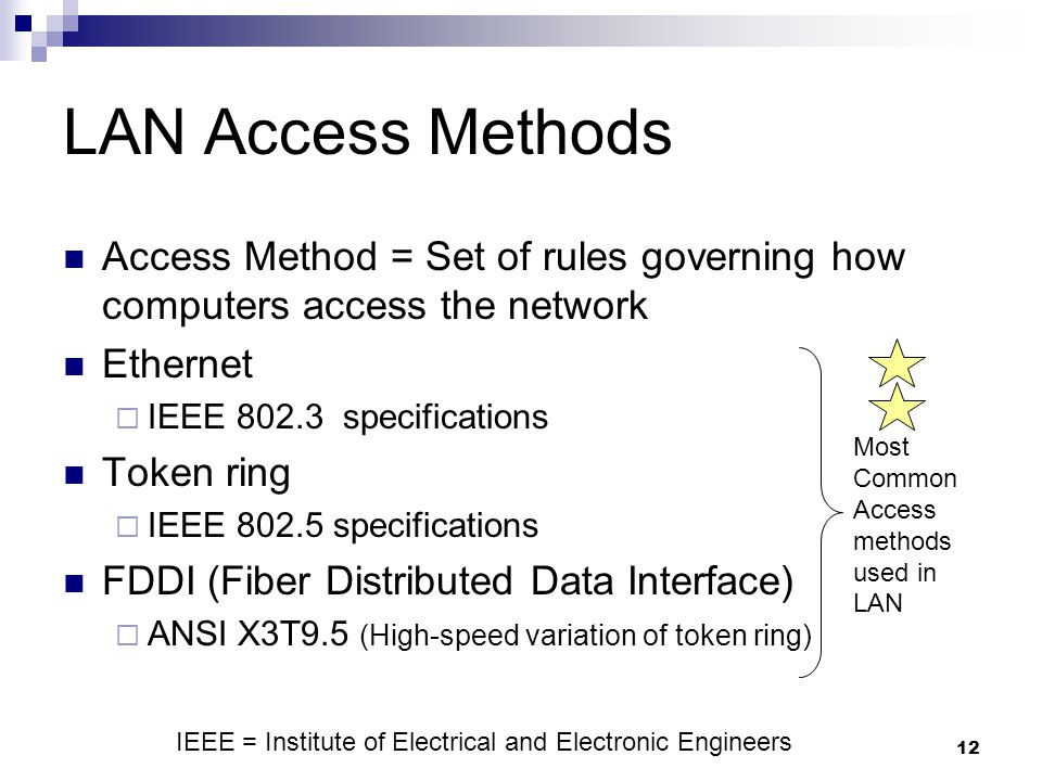 12 LAN Access Methods Access Method = Set of rules governing how computers access the network Ethernet  IEEE specifications Token ring  IEEE specifications FDDI (Fiber Distributed Data Interface)  ANSI X3T9.5 (High-speed variation of token ring) Most Common Access methods used in LAN IEEE = Institute of Electrical and Electronic Engineers