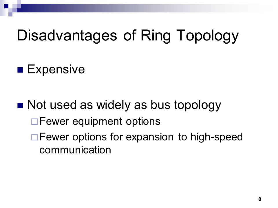 8 Disadvantages of Ring Topology Expensive Not used as widely as bus topology  Fewer equipment options  Fewer options for expansion to high-speed communication