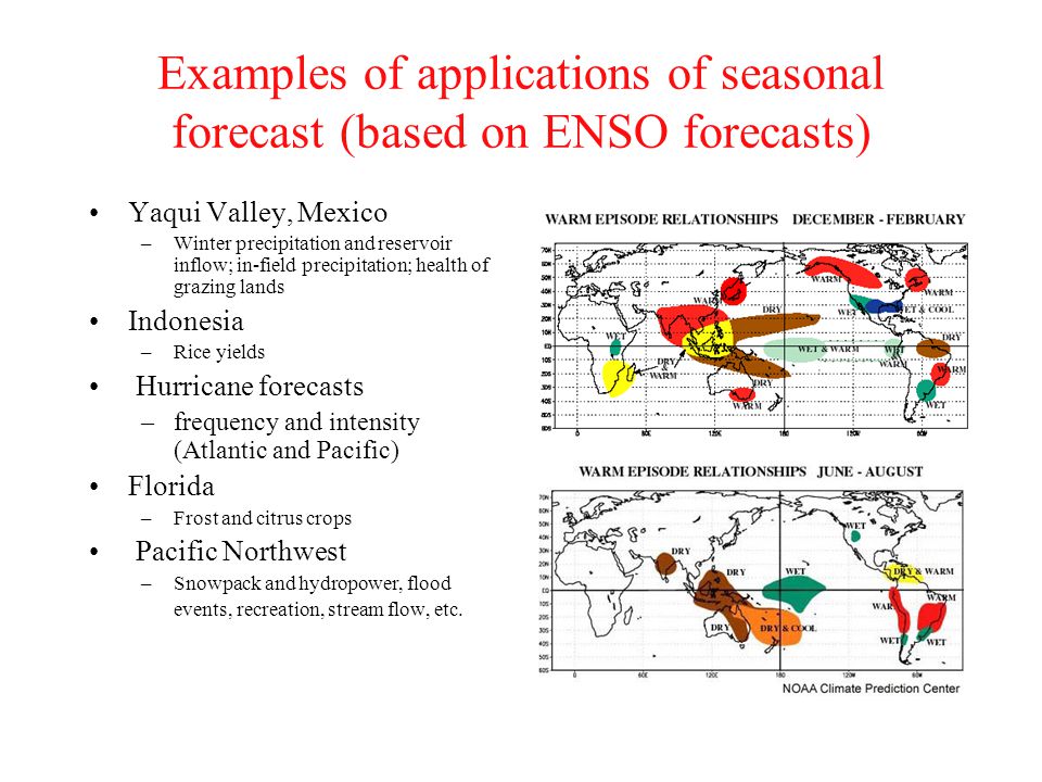 Examples of applications of seasonal forecast (based on ENSO forecasts) Yaqui Valley, Mexico –Winter precipitation and reservoir inflow; in-field precipitation; health of grazing lands Indonesia –Rice yields Hurricane forecasts –frequency and intensity (Atlantic and Pacific) Florida –Frost and citrus crops Pacific Northwest –Snowpack and hydropower, flood events, recreation, stream flow, etc.