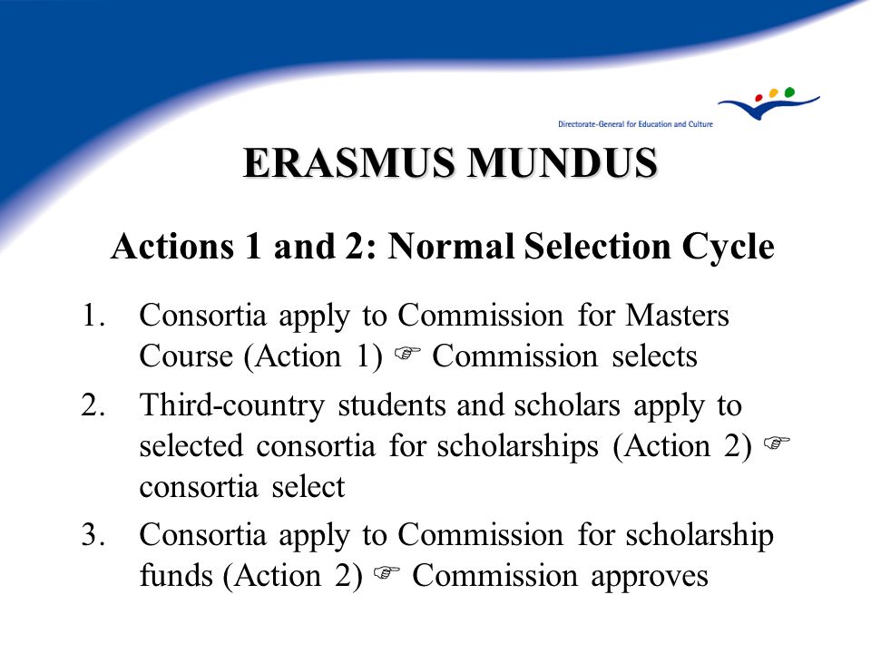 ERASMUS MUNDUS Actions 1 and 2: Normal Selection Cycle 1.Consortia apply to Commission for Masters Course (Action 1)  Commission selects 2.Third-country students and scholars apply to selected consortia for scholarships (Action 2)  consortia select 3.Consortia apply to Commission for scholarship funds (Action 2)  Commission approves