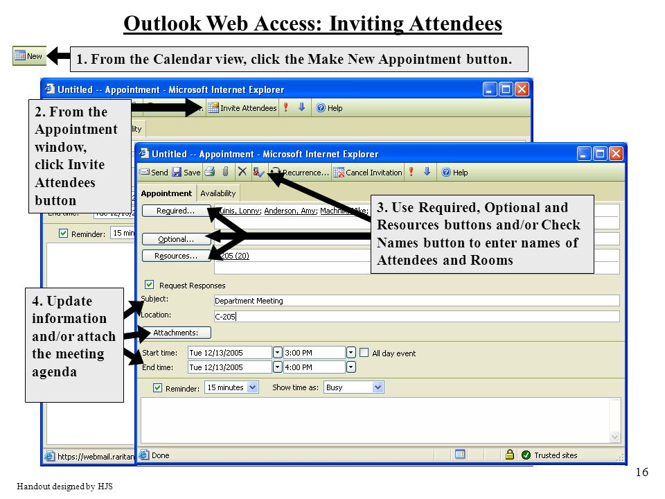 16 Outlook Web Access: Inviting Attendees Handout designed by HJS 2.