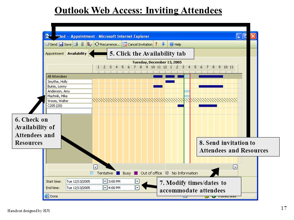 17 Handout designed by HJS Outlook Web Access: Inviting Attendees 7.